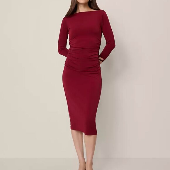 Anne Taylor Dresses & Skirts - Ann Taylor Ruched Knit Midi Dress Size 10 NWT Maroon Red